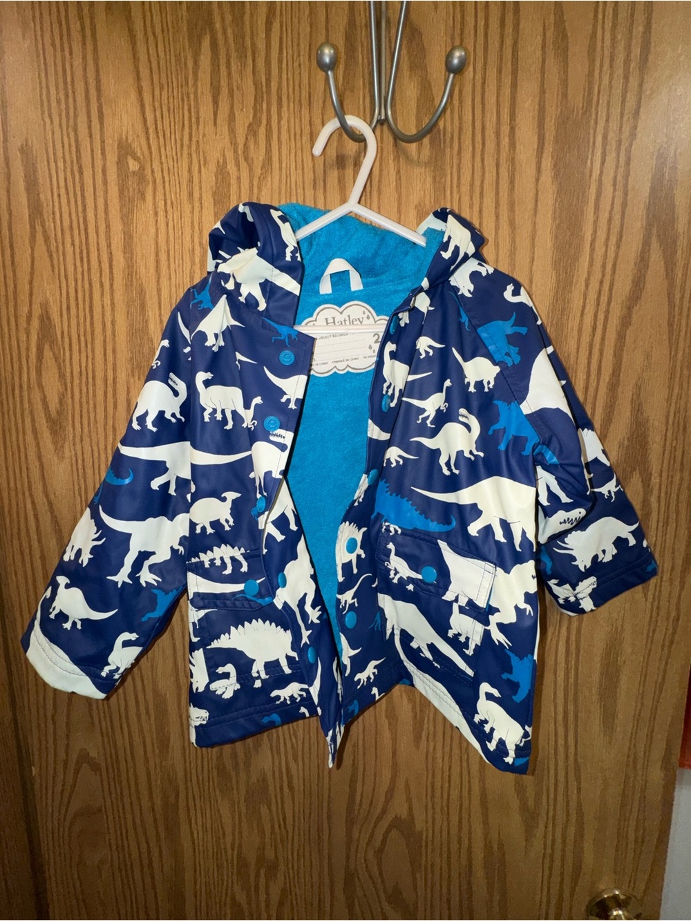 Children's Hatley 2T Blue Raincoat with White Dinosaurs